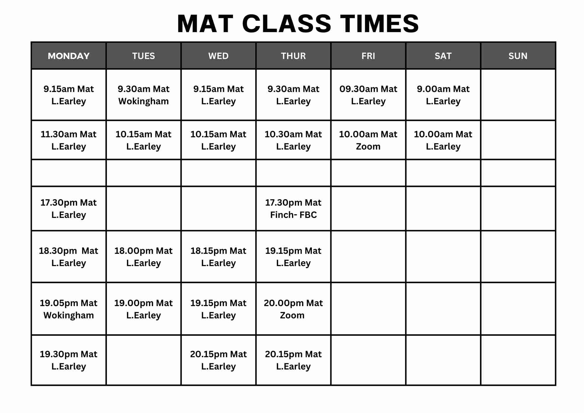 Mat Pilates timetable