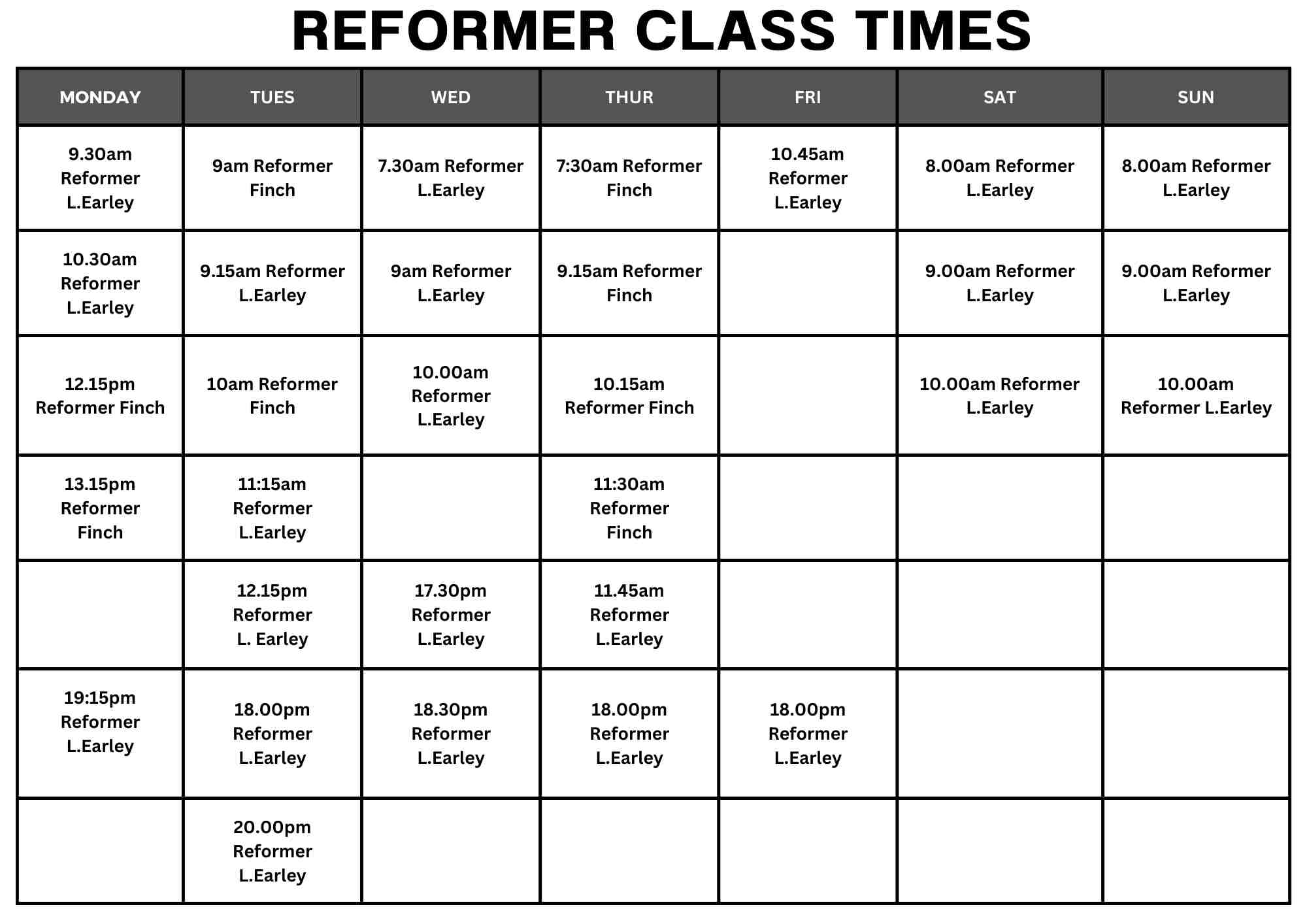 Reformer Pilates timetable